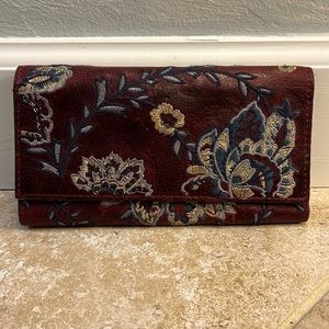 Patricia Nash Floral Tapestry wallet, red leather with blue and gold flowers.